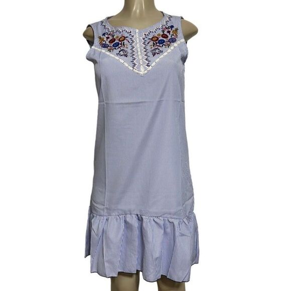 Be You Tiful Shift Dress Women’s Medium Blue & White Striped Embroidered Floral - Picture 1 of 11